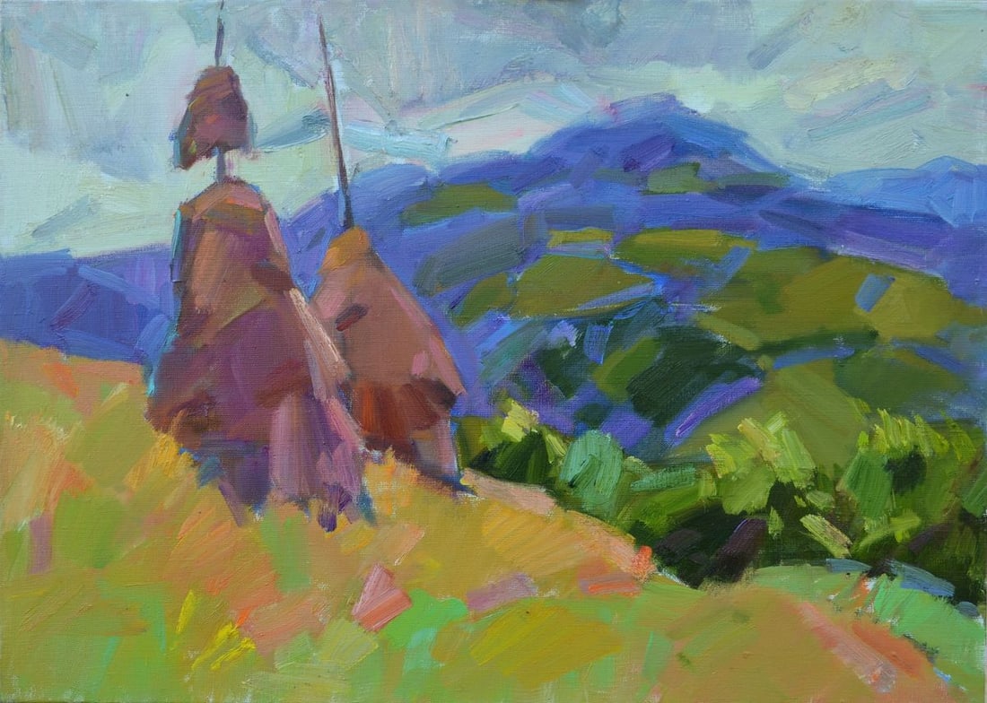 Oil painting Piles Tepeta Miacheslav: Title: Oil painting Piles Tepeta Miacheslav Description: NoTep 58"Piles" by Ukrainian artist Vyacheslav Pereta captures a rural landscape scene featuring two haystacks prominently set against a backdr