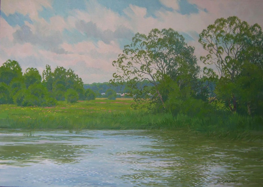 Oil painting Summer river in the forest Valery Savenets: Title: Oil painting Summer river in the forest Valery Savenets Description: NoSav 366Oil painting Summer river in the forest Valery Savenets showcases the artist's refined mastery of classical landsca