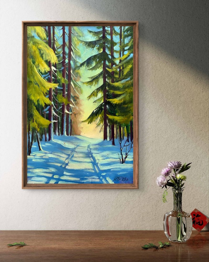 Oil painting Snowy road in the forest Mykhailo Burdylo - 2