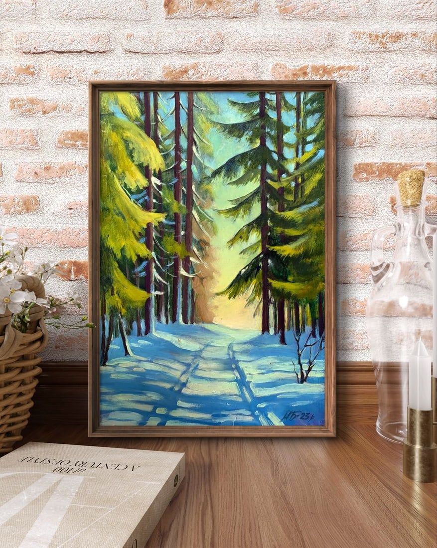 Oil painting Snowy road in the forest Mykhailo Burdylo - 3