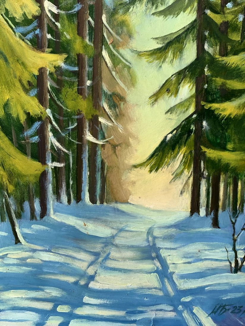 Oil painting Snowy road in the forest Mykhailo Burdylo - 8