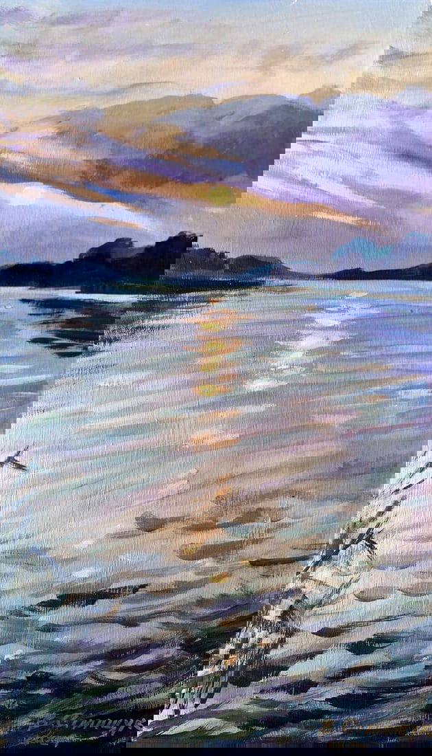 Oil painting The sun behind the clouds Valentina Simashchuk: Title: Oil painting The sun behind the clouds Valentina Simashchuk Description: NoAAA3569The painting titled "The Sun Behind the Clouds", executed in oil on cardboard, vividly portrays the serene beau