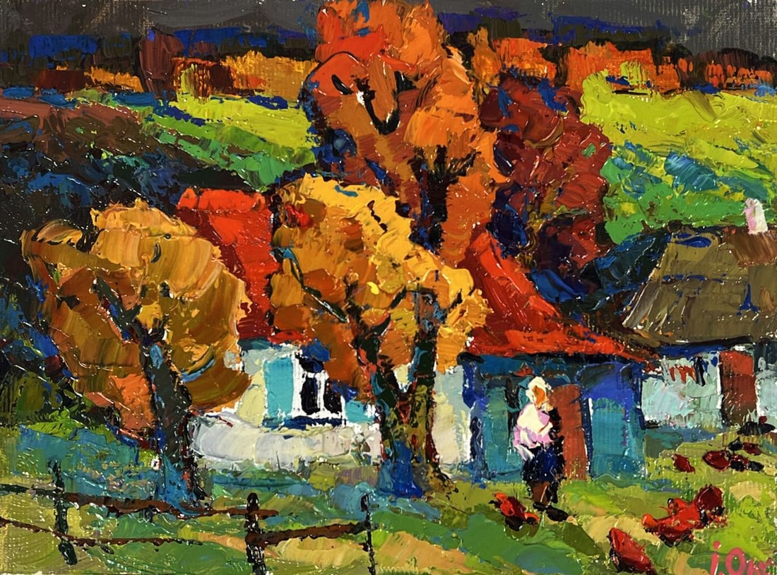 Oil painting Crimson autumn in the village Oksana Ivanyuk - 3