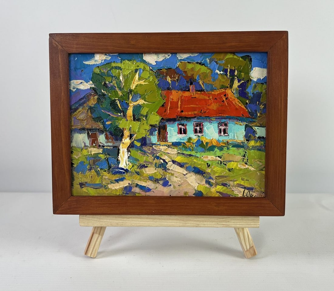 Oil painting Village under summer Oksana Kalenyuk: Title: Oil painting Village under summer Oksana Kalenyuk Description: NoAAA5124The oil painting on Cardboard titled "Village under Summer" immerses the viewer in a vibrant, sun-drenched world where co