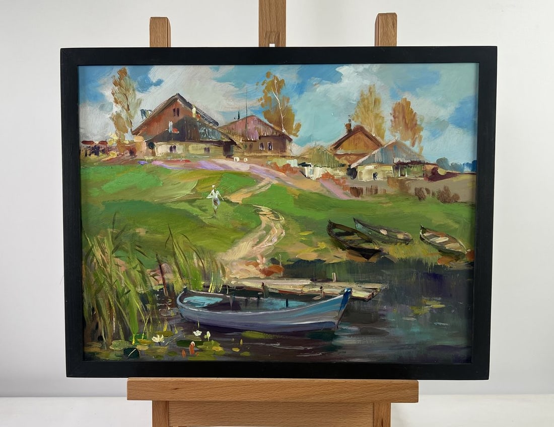 Oil painting Village boat ferry Yuriy Suprunchuk: Title: Oil painting Village boat ferry Yuriy Suprunchuk Description: NoAAA5176The oil painting on Cardboard titled "Village Boat Ferry" captures the essence of rural tranquility and the gentle rhythm