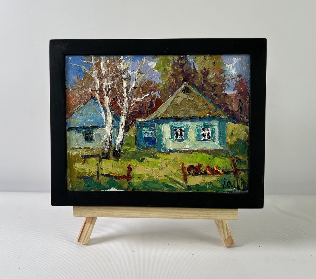 Oil painting Whispers of spring Oksana Kalenyuk: Title: Oil painting Whispers of spring Oksana Kalenyuk Description: NoAAA5226The oil painting on Canvas titled "Whispers of Spring" captures the gentle awakening of nature in a quiet rural village as