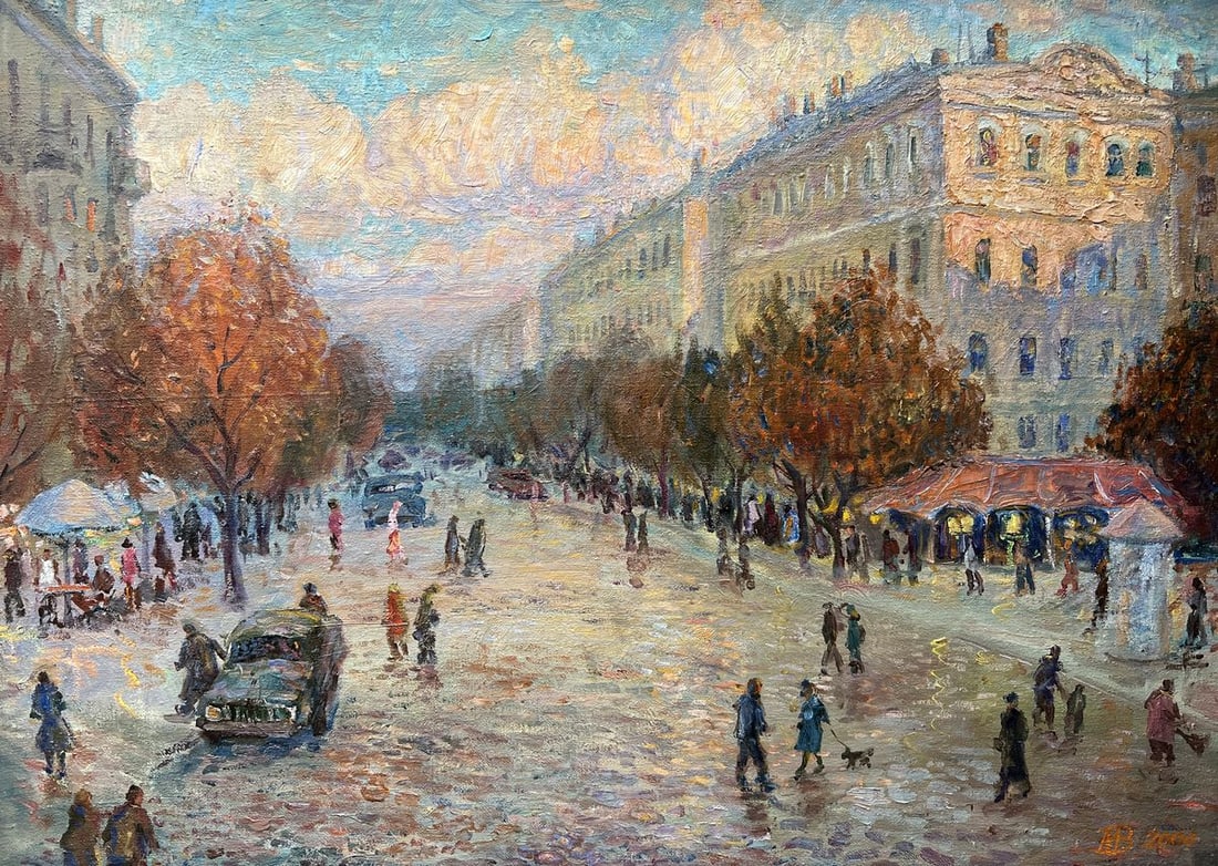 Oil painting Evening city V. Mishurovsky: Title: Oil painting Evening city V. Mishurovsky Description: No283In "Evening City," Viktor Myshurovsky captures the vibrancy and subtle beauty of an urban landscape as day transitions into night. The