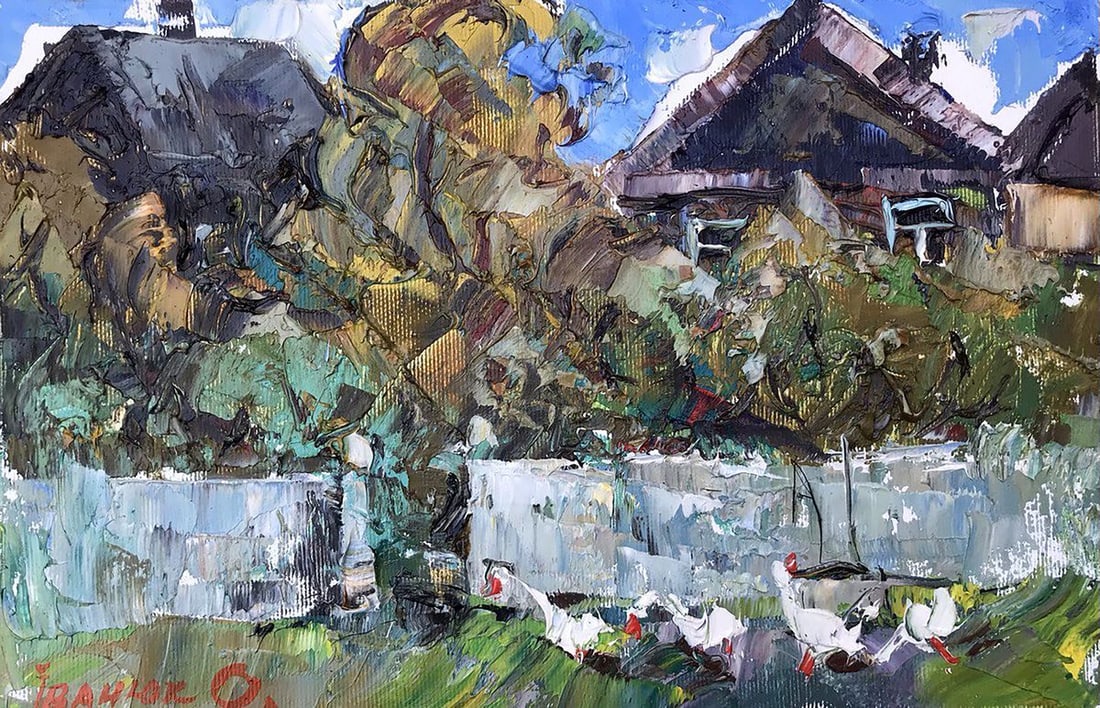 Oil painting Home Kalenyuk Alex: Title: Oil painting Home Kalenyuk Alex Description: NoKalen 1137"Home" is a captivating oil painting that transports the viewer into the heart of a tranquil countryside landscape. The canvas breathes