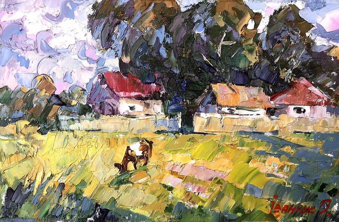 Oil painting Near the yard Kalenyuk Alex: Title: Oil painting Near the yard Kalenyuk Alex Description: NoKalen 1139"By the Yard" is a mesmerizing oil painting that transports the viewer to a tranquil countryside scene, capturing the essence o