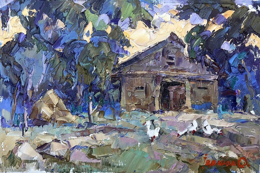 Oil painting In the backyard Kalenyuk Alex: Title: Oil painting In the backyard Kalenyuk Alex Description: NoKalen 1140"In the Backyard" is a captivating oil painting that transports the viewer to a tranquil countryside setting bathed in the