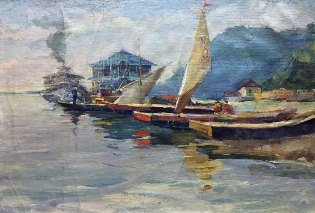 Oil painting Boat port: Title: Oil painting Boat port Description: NoVern 97 *** ABOUT THIS PAINTING *** * TITLE: "Boat port" * SIZE: 40x59 cm/'15.74x23.22 inches' * MEDIUM: oil, cardboard * HAND PAINTED: Original painting f