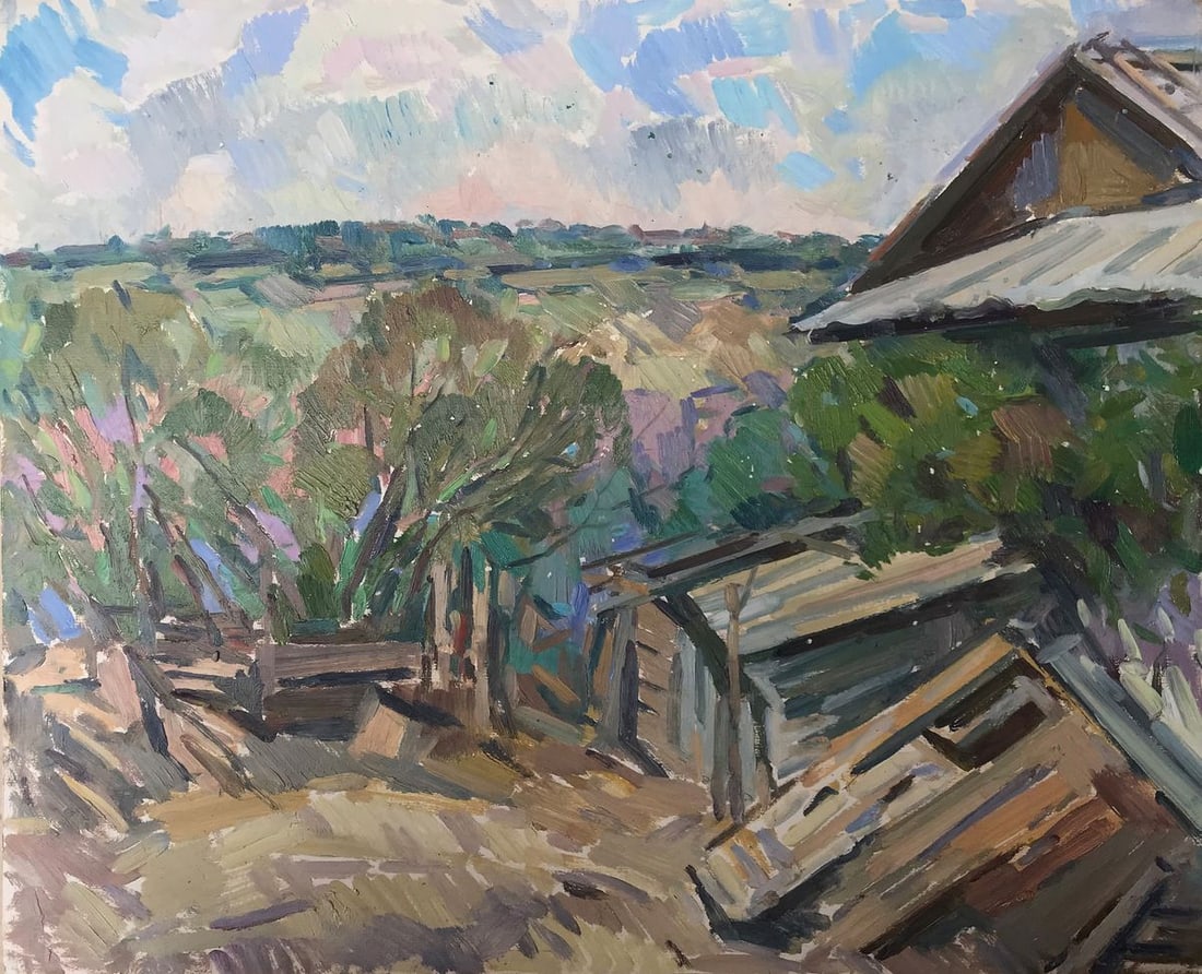 Oil painting Village life Peter Tovpev: Title: Oil painting Village life Peter Tovpev Description: NoAAA2206 This beautiful oil painting depicts a tranquil village scene, with a house and garden in the center, and fields in the distance.