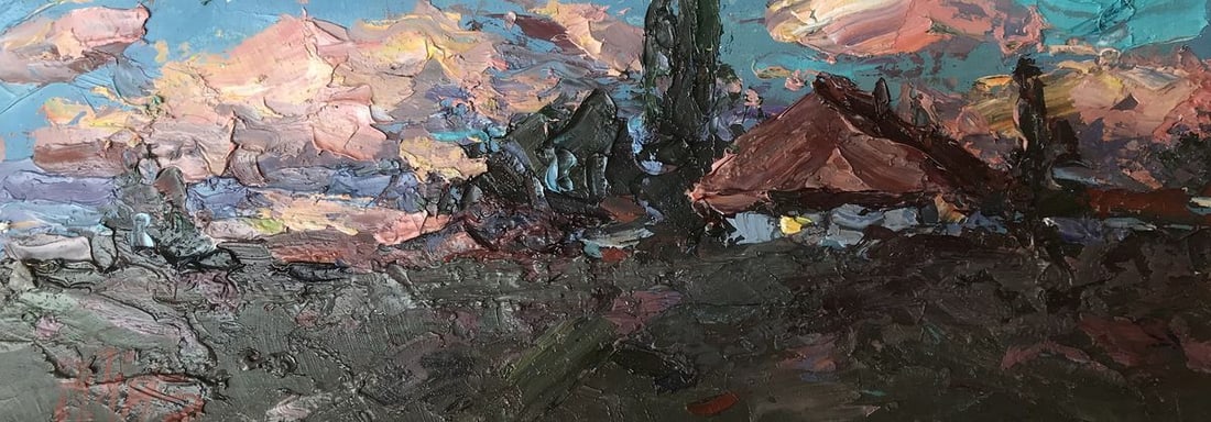 Oil painting Pink evening Alexander Nikolaevich Cherednichenko: Title: Oil painting Pink evening Alexander Nikolaevich Cherednichenko Description: NoAAA2705The oil painting portrays the essence of a quaint village life, evoking a sense of simplicity and serenity.