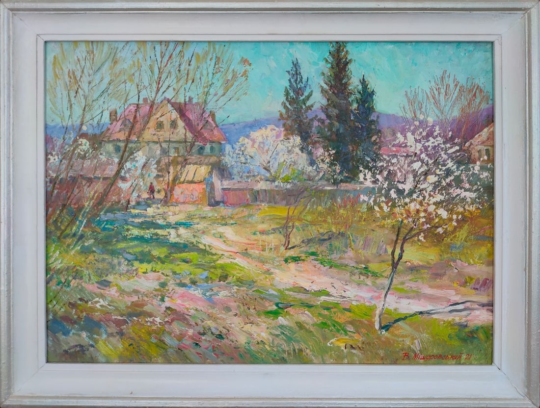 Oil painting April in the village Mishurovsky V. V.: Title: Oil painting April in the village Mishurovsky V. V. Description: No22 *** ABOUT THIS PAINTING *** * TITLE: "April in the village" * ARTISTS: Mishurovsky V. V. * SIZE:49?65 cm/ 19.29x25.59 inche
