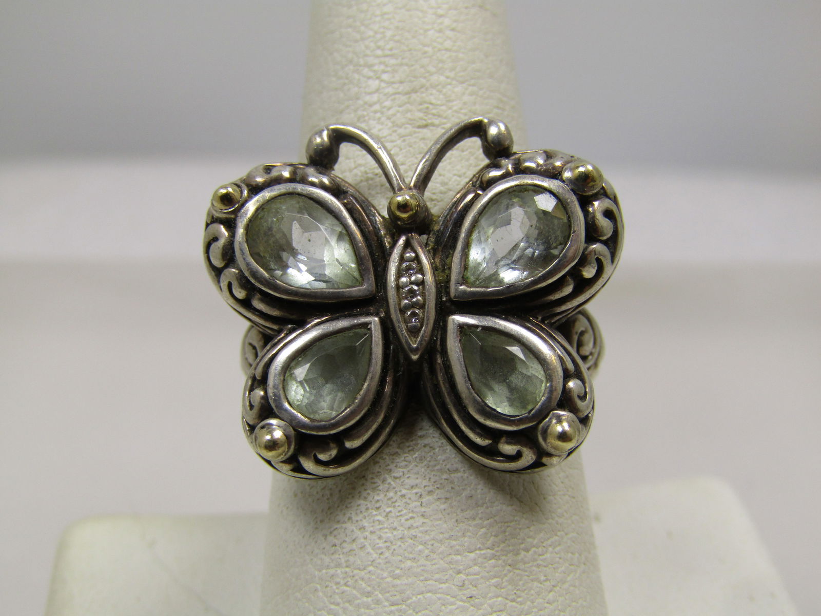 Sterling 14kt White Topaz Butterfly Ring, Sz. 8.5 Signed, 2000's: Sterling 14kt White Topaz Butterfly Ring, Sz. 8.5 Signed, 2000. This is signed ATR and Thailand and marked sterling and 14kt. The beads on the tops of the wings are what is 14kt. The ring tests as ste