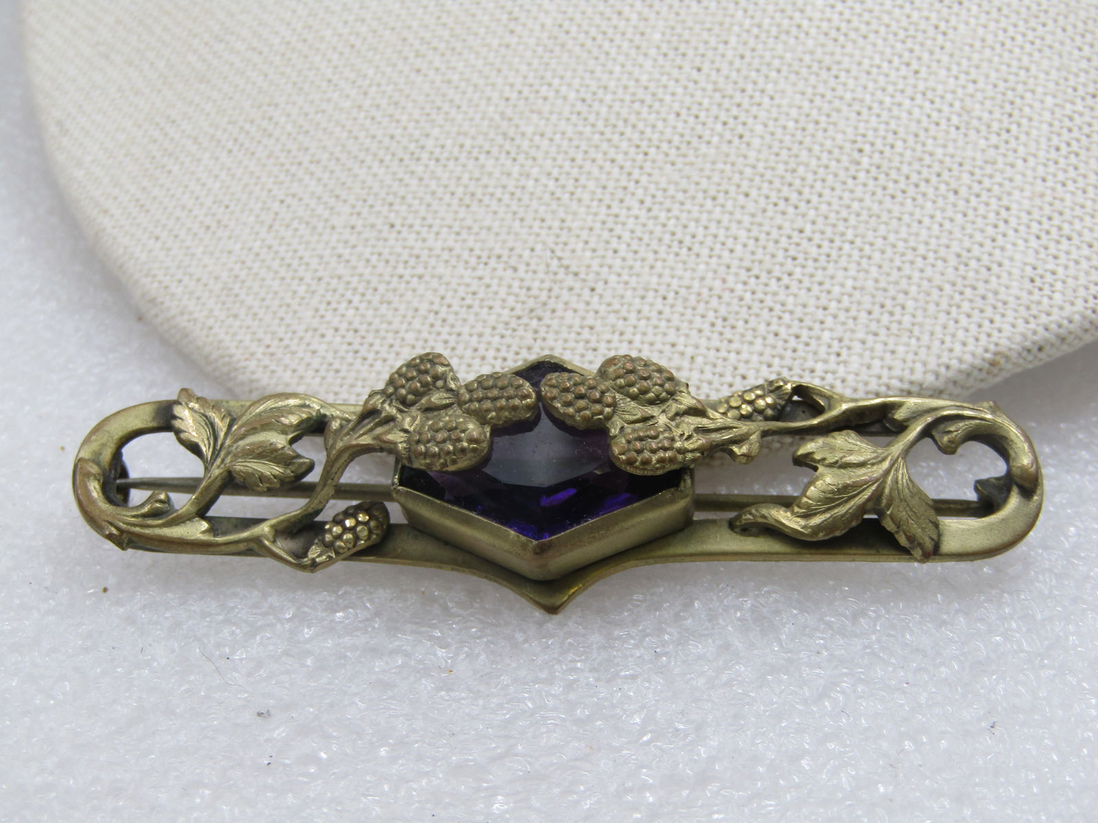 Art Nouveau Amethyst Glass Thistle & Leaf Brooch, 3" wide - 2