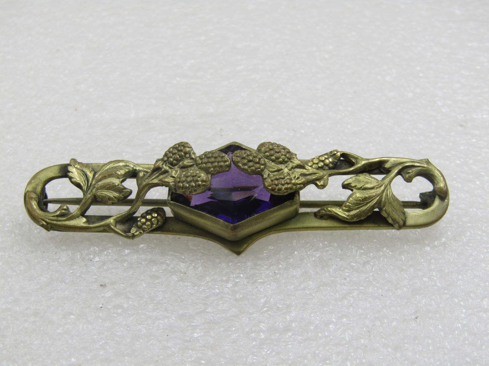 Art Nouveau Amethyst Glass Thistle & Leaf Brooch, 3" wide - 3
