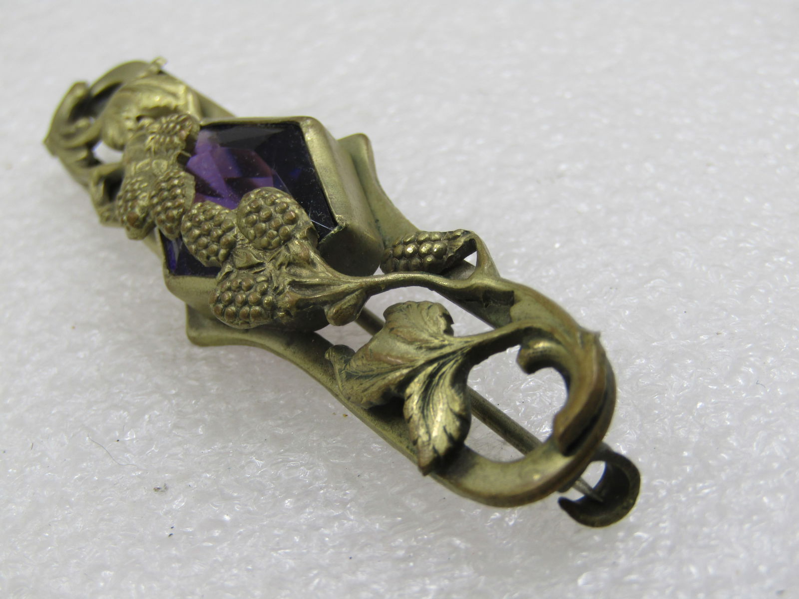 Art Nouveau Amethyst Glass Thistle & Leaf Brooch, 3" wide - 4