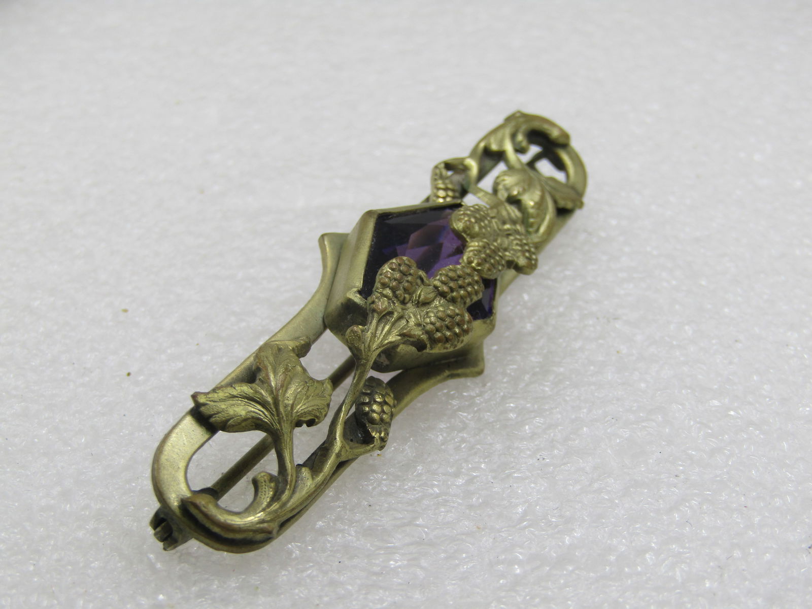 Art Nouveau Amethyst Glass Thistle & Leaf Brooch, 3" wide - 5