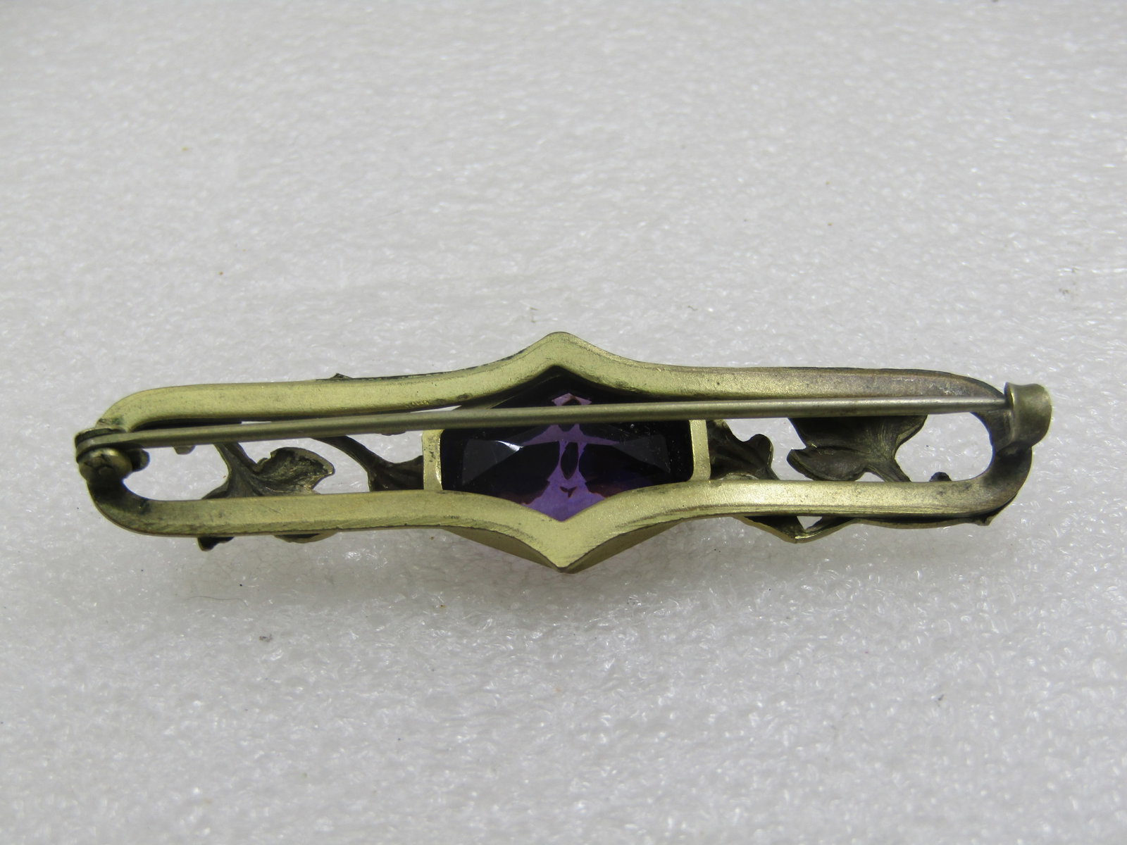 Art Nouveau Amethyst Glass Thistle & Leaf Brooch, 3" wide - 6