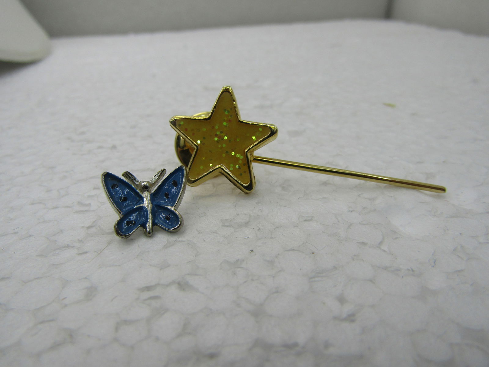 Vintage Enameled Butterfly & Star Tack Pin Lot, 2 Pins, Blue/Yellow - 3