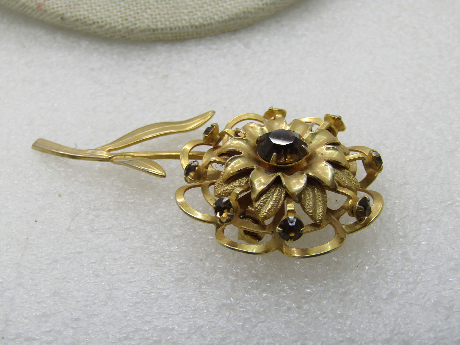 Vintage Brown Rhinestone Floral Brooch with Stem, 1950's-1960's - 2