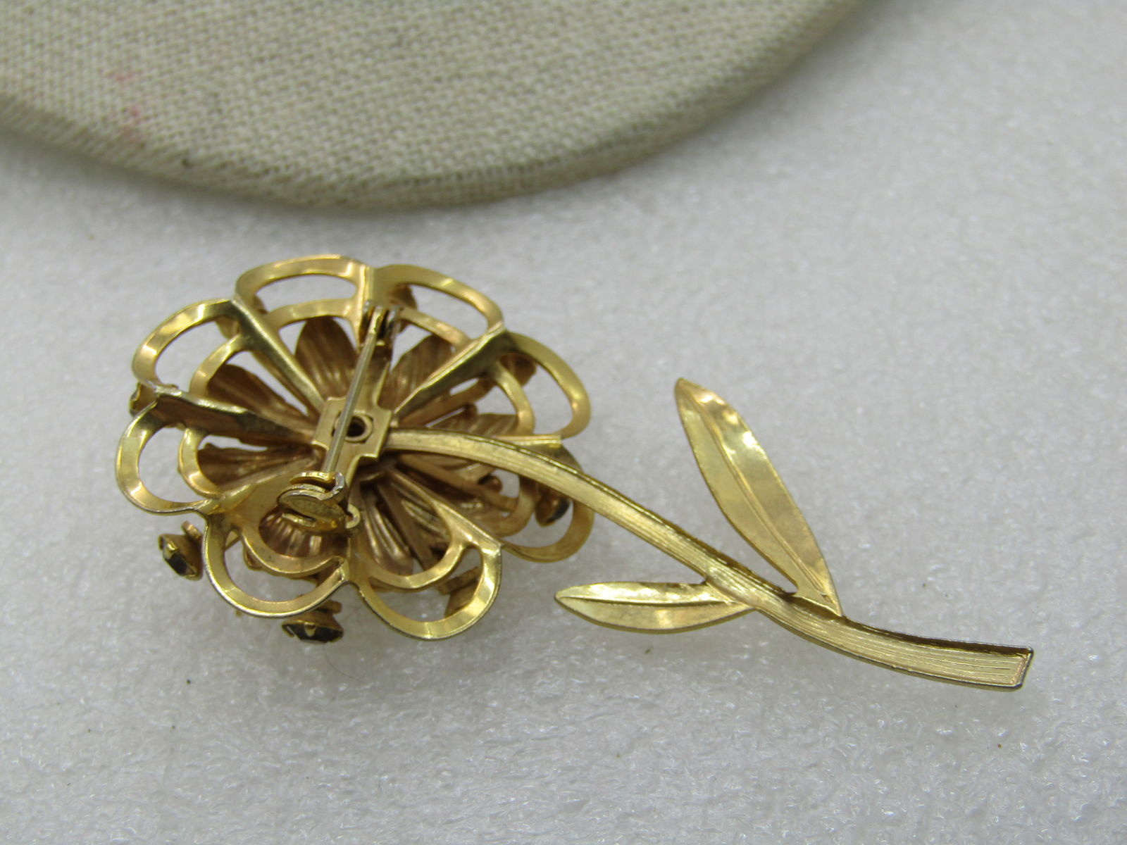 Vintage Brown Rhinestone Floral Brooch with Stem, 1950's-1960's - 5