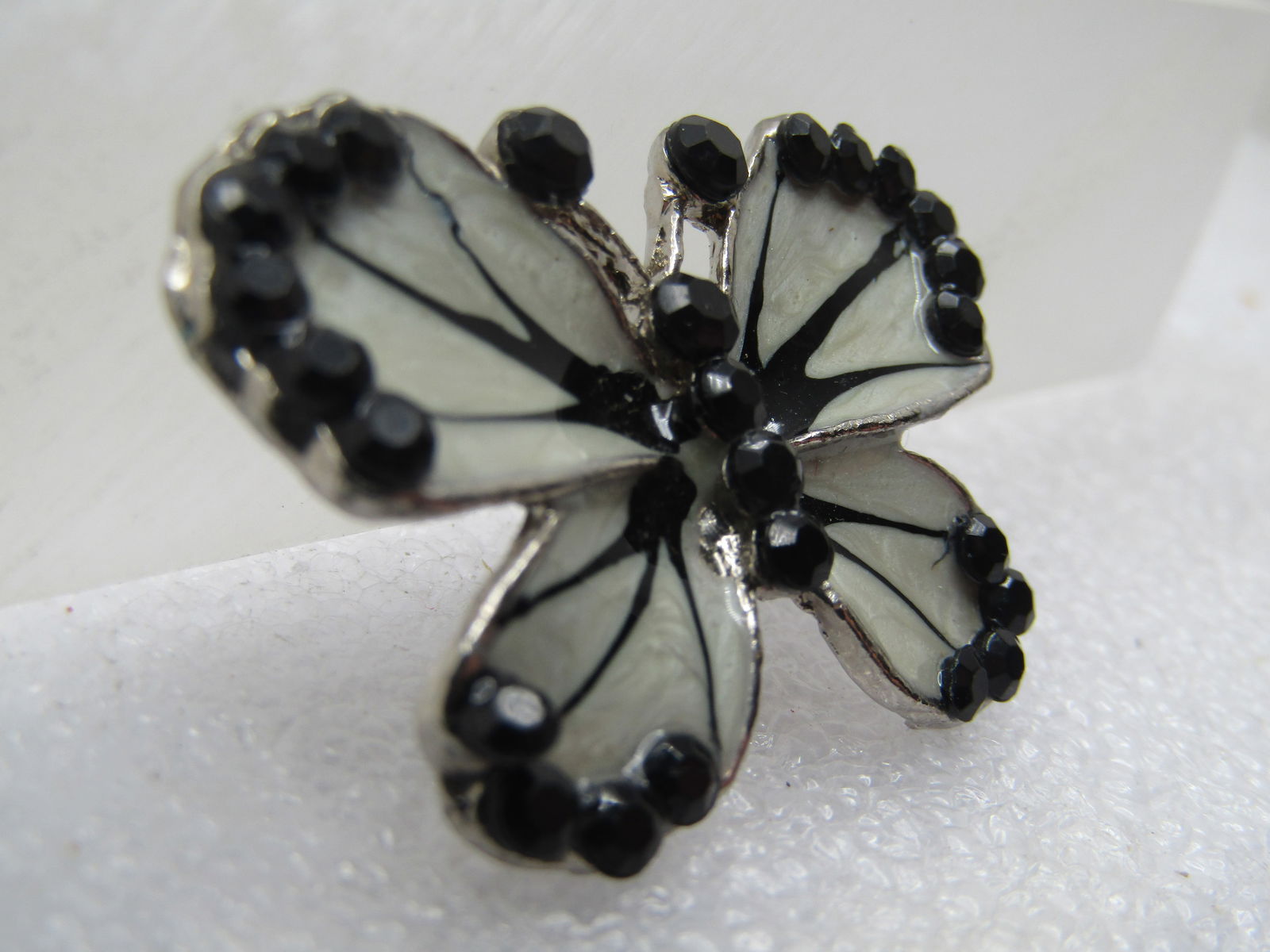 Vintage Black & White Enameled Butterfly Brooch with Rhinestones, 1970's-1980's - 2