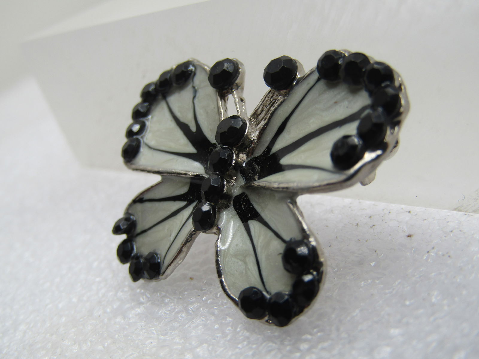 Vintage Black & White Enameled Butterfly Brooch with Rhinestones, 1970's-1980's - 3