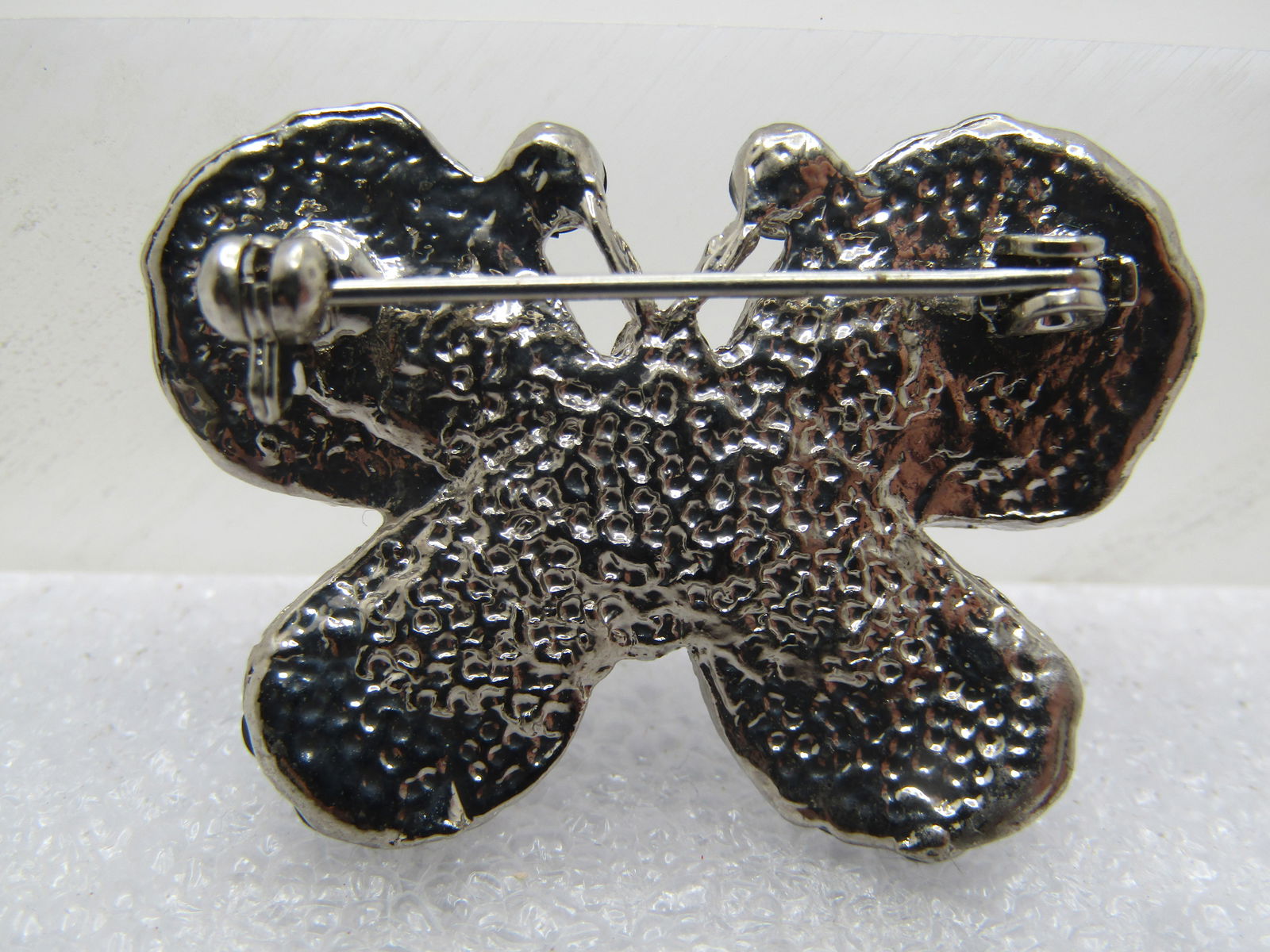 Vintage Black & White Enameled Butterfly Brooch with Rhinestones, 1970's-1980's - 4