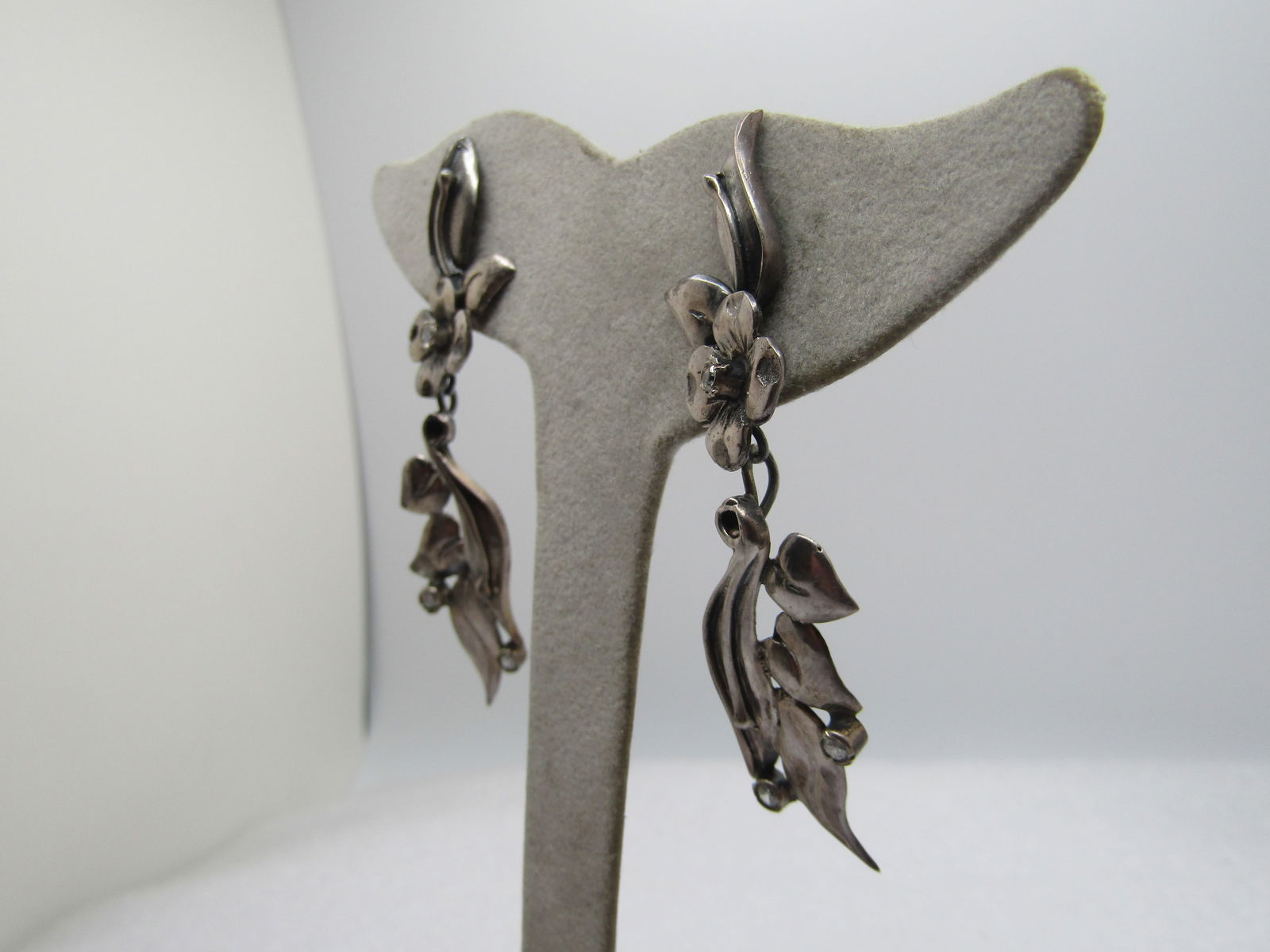 Vintage Sterling Floral Stud/Drop Earrings, 1960's-1970's. Rhinestones - 2