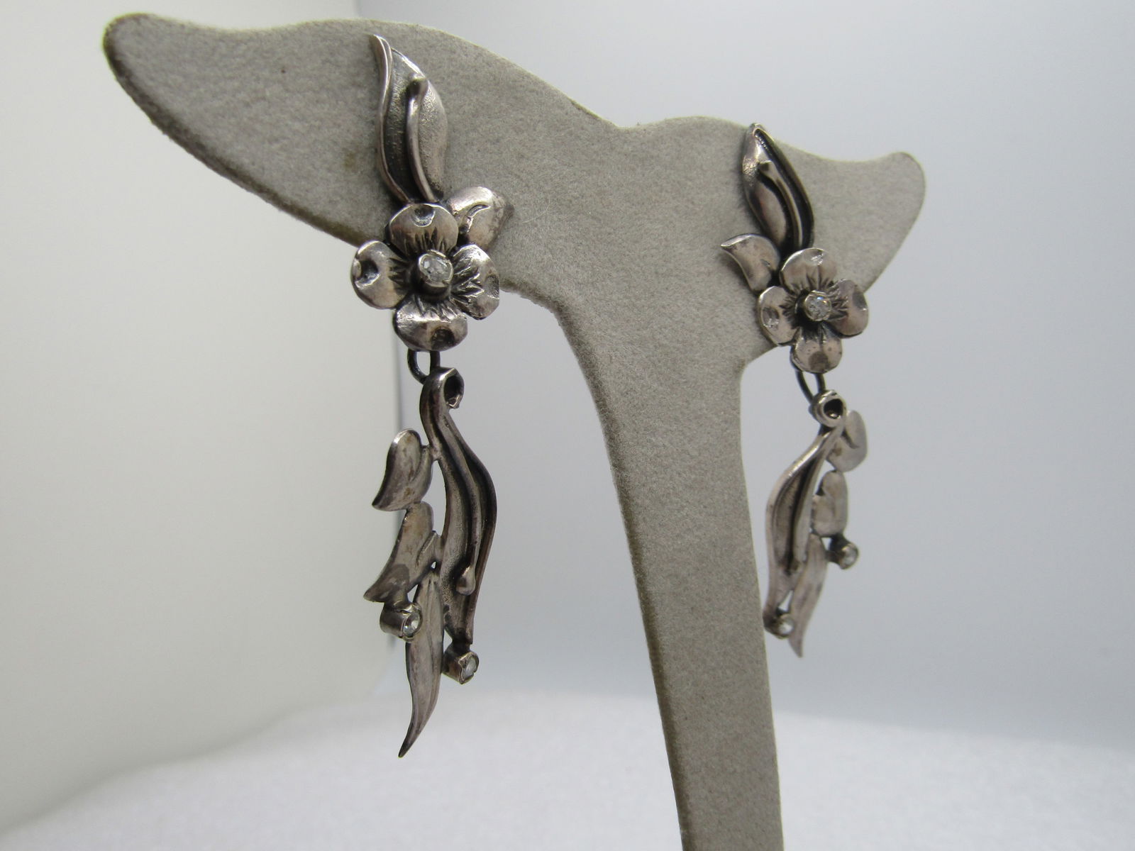 Vintage Sterling Floral Stud/Drop Earrings, 1960's-1970's. Rhinestones - 3