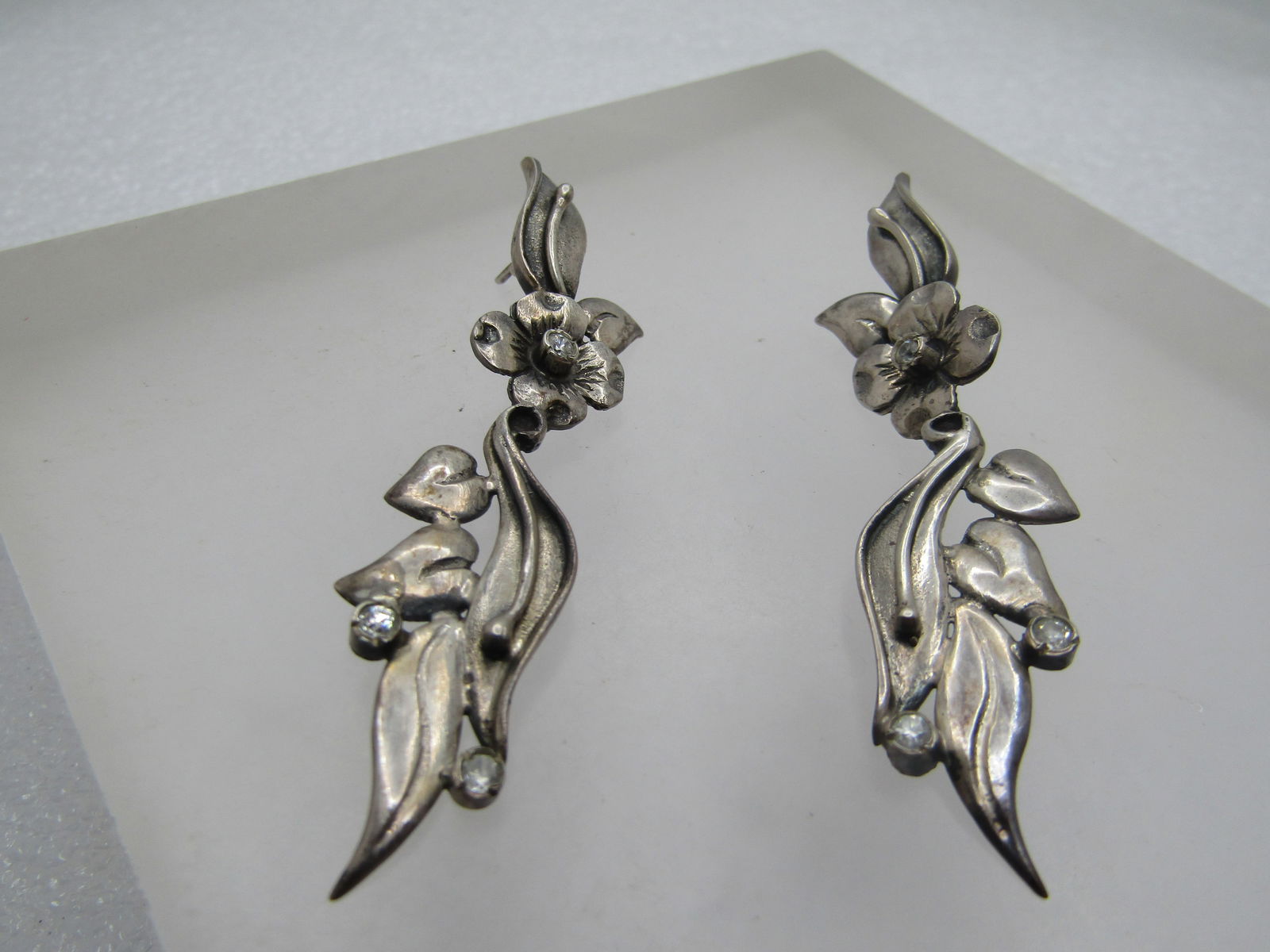 Vintage Sterling Floral Stud/Drop Earrings, 1960's-1970's. Rhinestones - 4