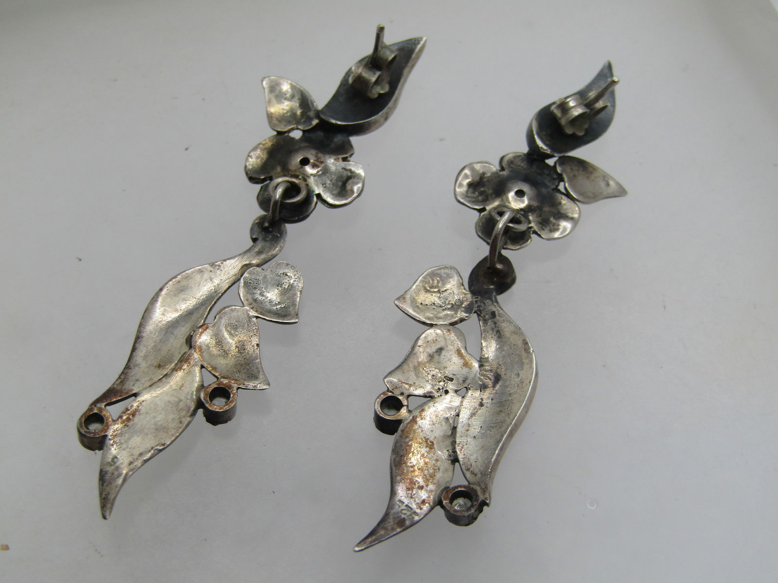 Vintage Sterling Floral Stud/Drop Earrings, 1960's-1970's. Rhinestones - 5