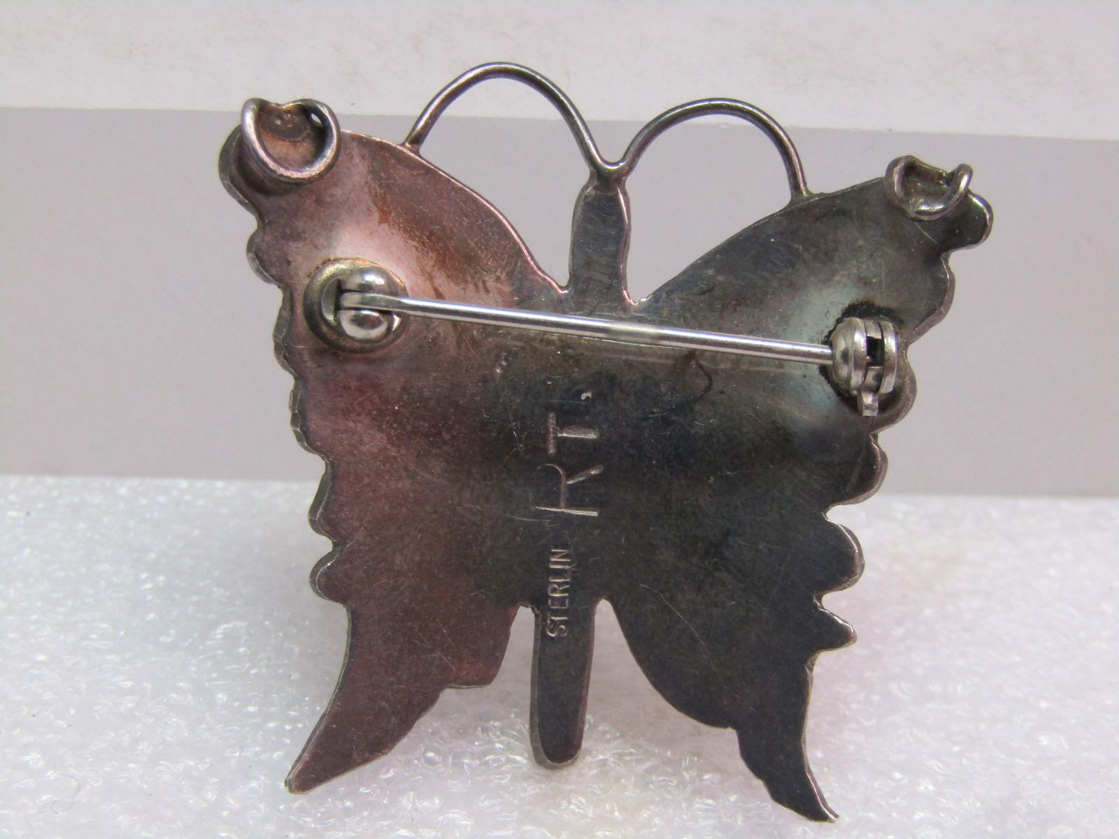 Vintage Sterling Pink MOP Butterfly Pendant, Brooch, signed RT, 1970's-1980's - 5