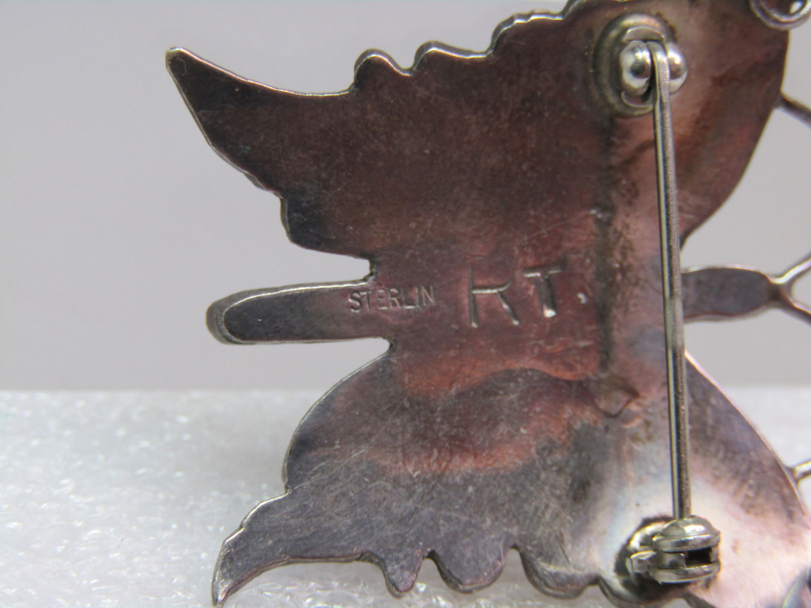 Vintage Sterling Pink MOP Butterfly Pendant, Brooch, signed RT, 1970's-1980's - 6