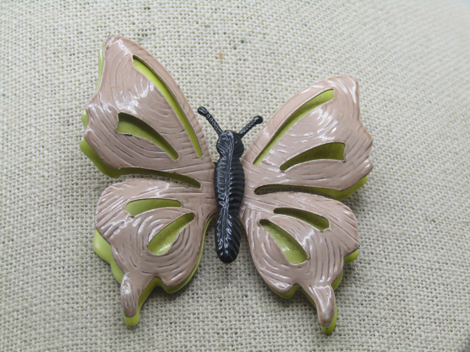 Vintage Enamed Butterfly Brooch, Double-Wings, Tan/Yellow, 1960's - 2