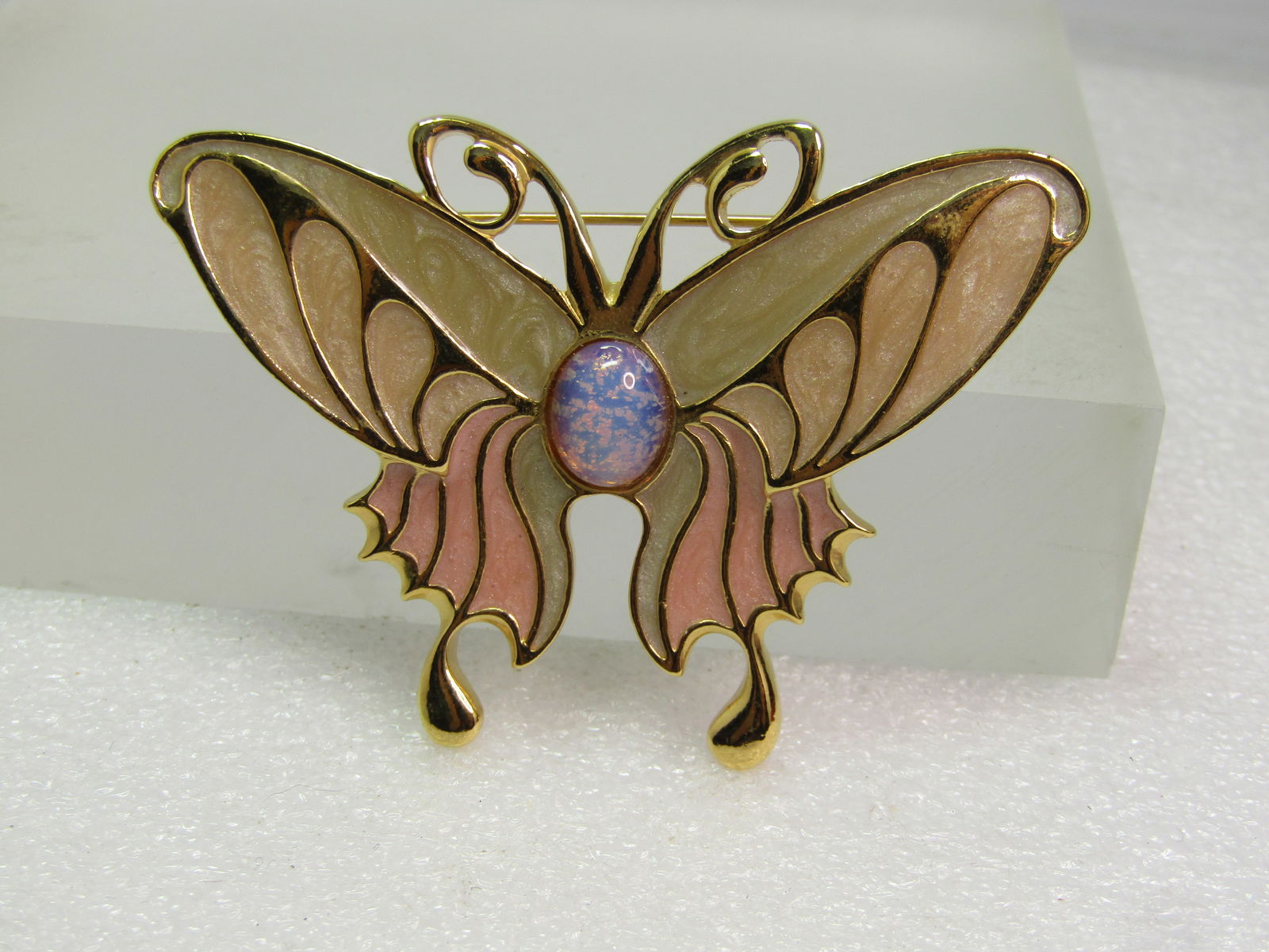 Vintage Enameled Faux Opal Butterfly Brooch, 1980's - 2