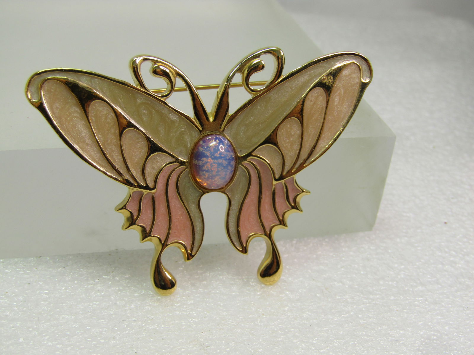 Vintage Enameled Faux Opal Butterfly Brooch, 1980's - 3