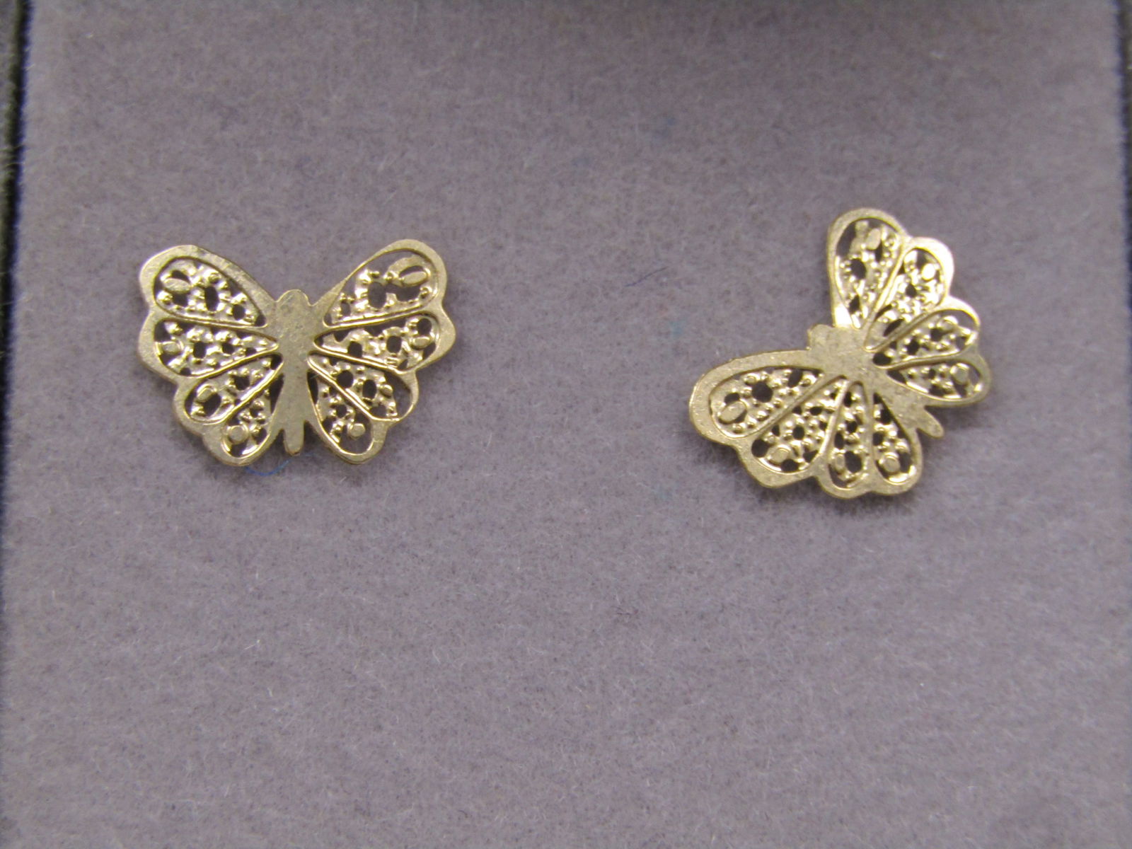 Vintage 14kt Butterfly Earrings, Pierced, Original Box, 1980's: Vintage 14kt Butterfly Earrings, Pierced, Original Box. 1980's. These are a filigree design and are appx. 1/2" wide and slightly less tall. They are marked 14kt and test as 14kt with a weight of appx.