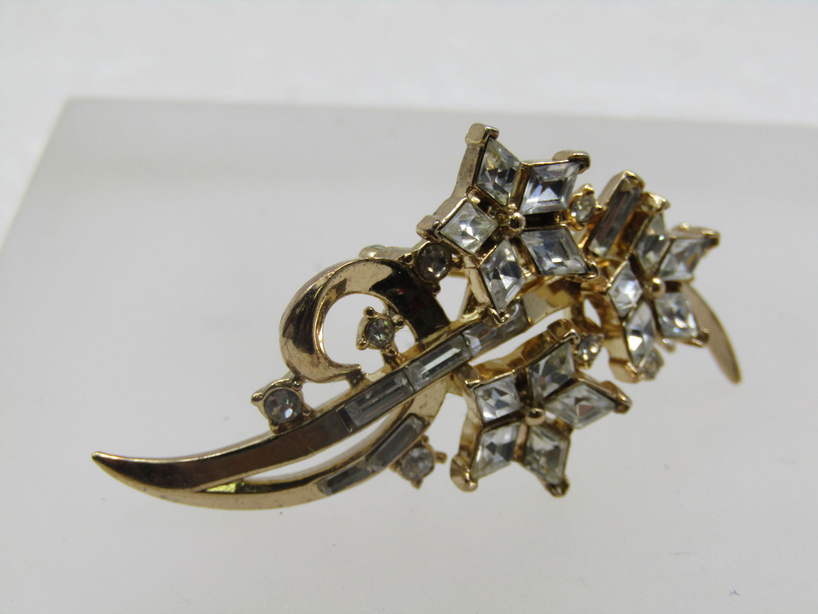 Vintage Rhinestone Floral Stem Brooch, Crown Trifari , 1940's-1950's - 2