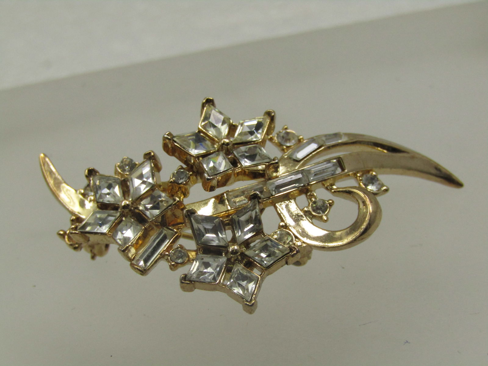 Vintage Rhinestone Floral Stem Brooch, Crown Trifari , 1940's-1950's - 3