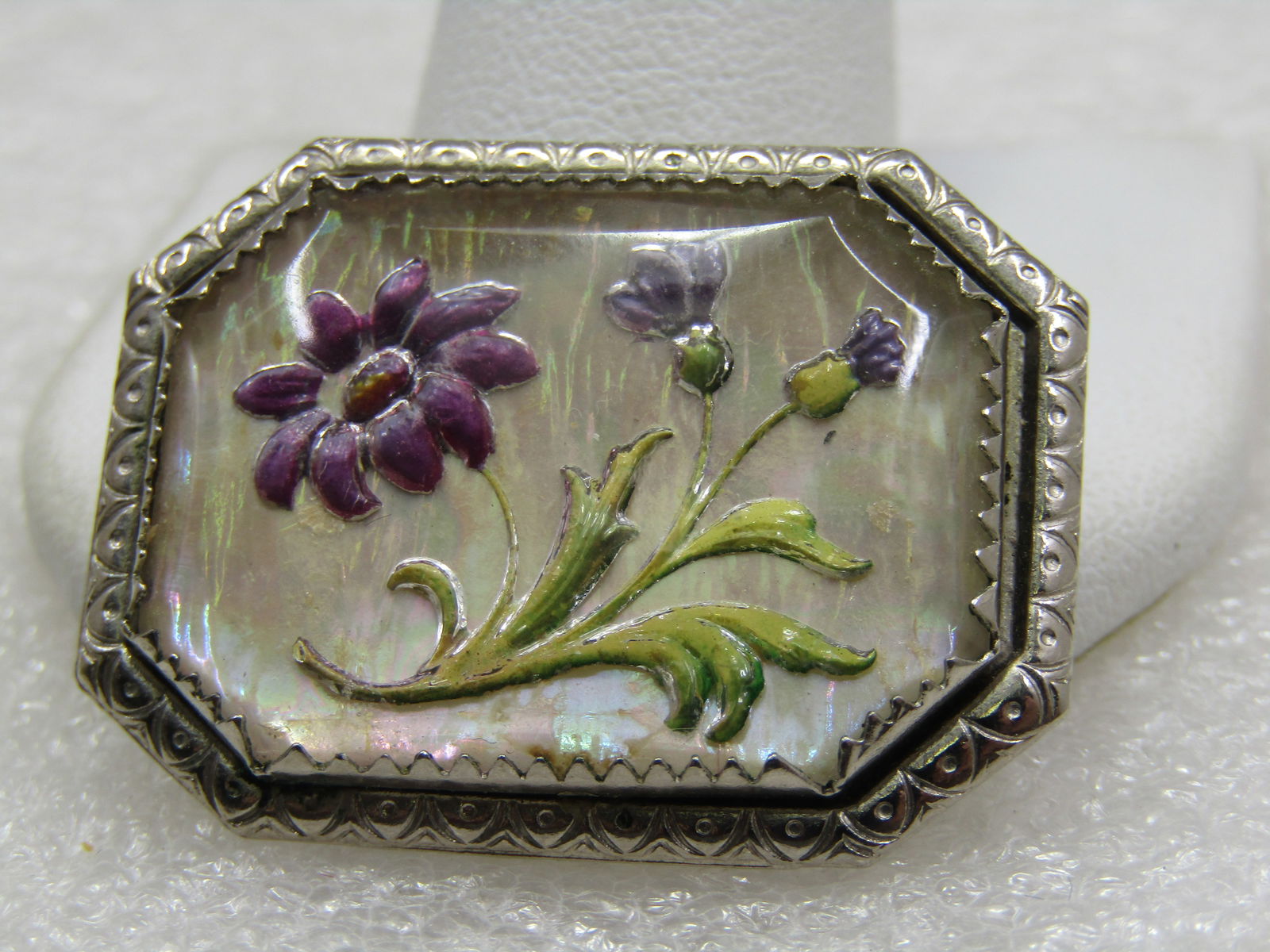 Vintage Reversed Carved Painted Floral Brooch, Framed - 2