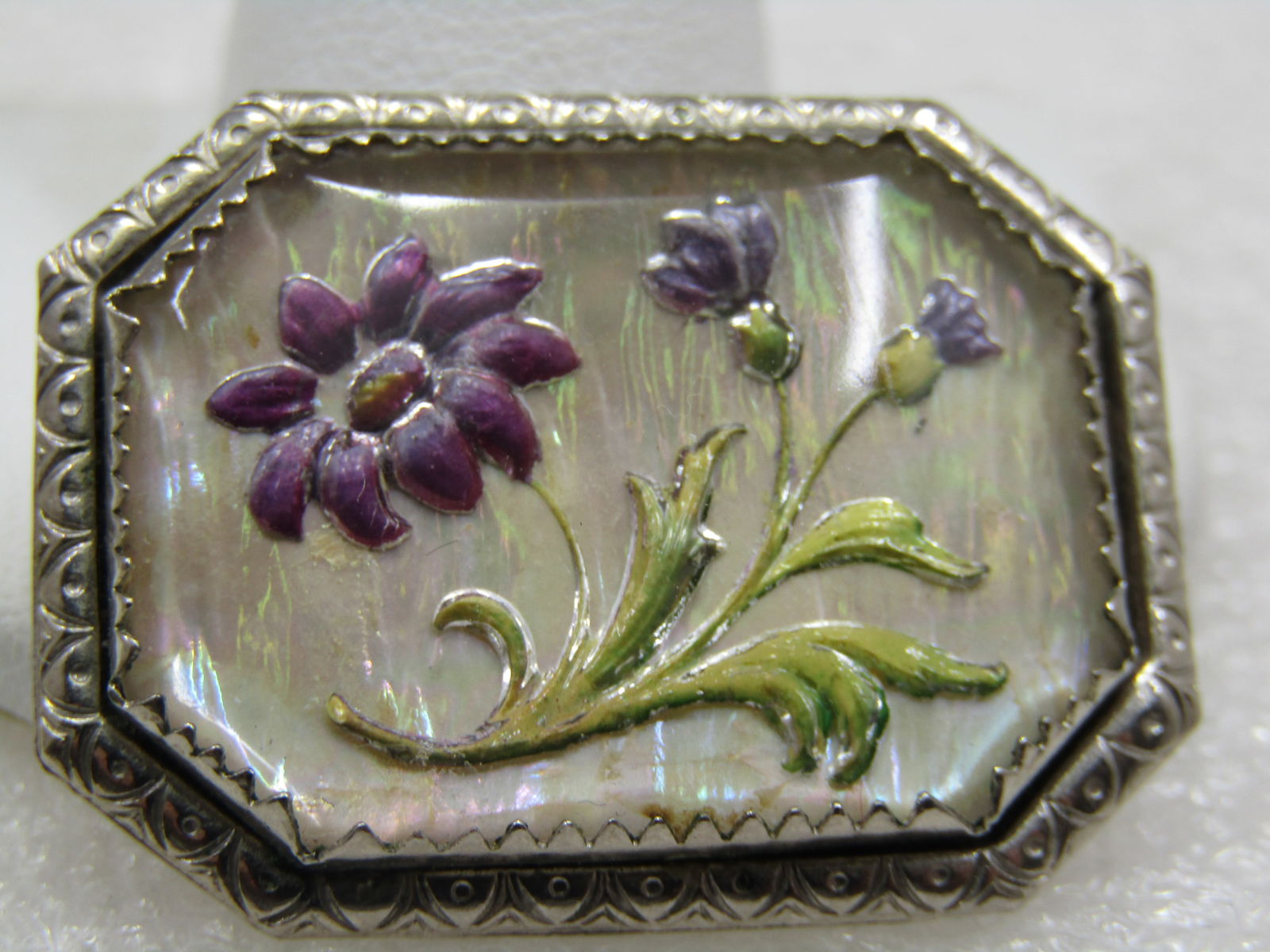 Vintage Reversed Carved Painted Floral Brooch, Framed - 3