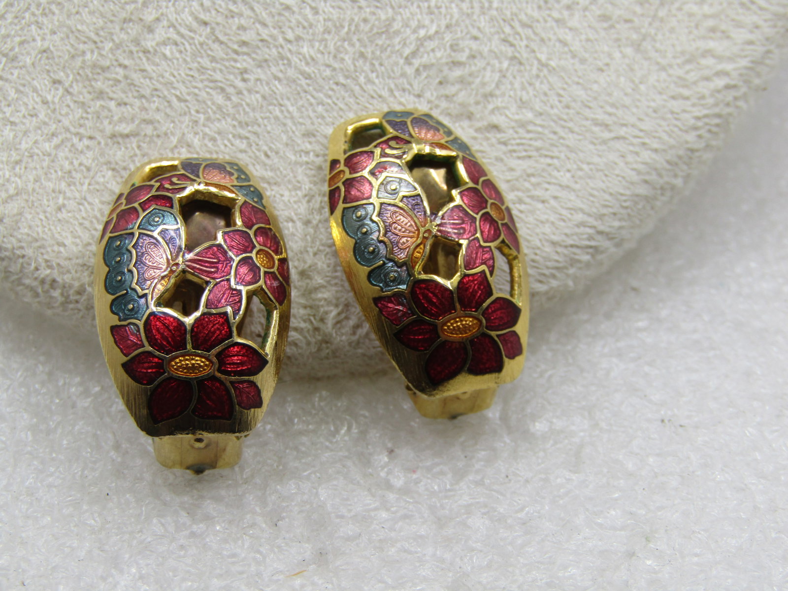 Vintage Cloisonne Floral Earrings, Clip, 1970's-1980's - 3