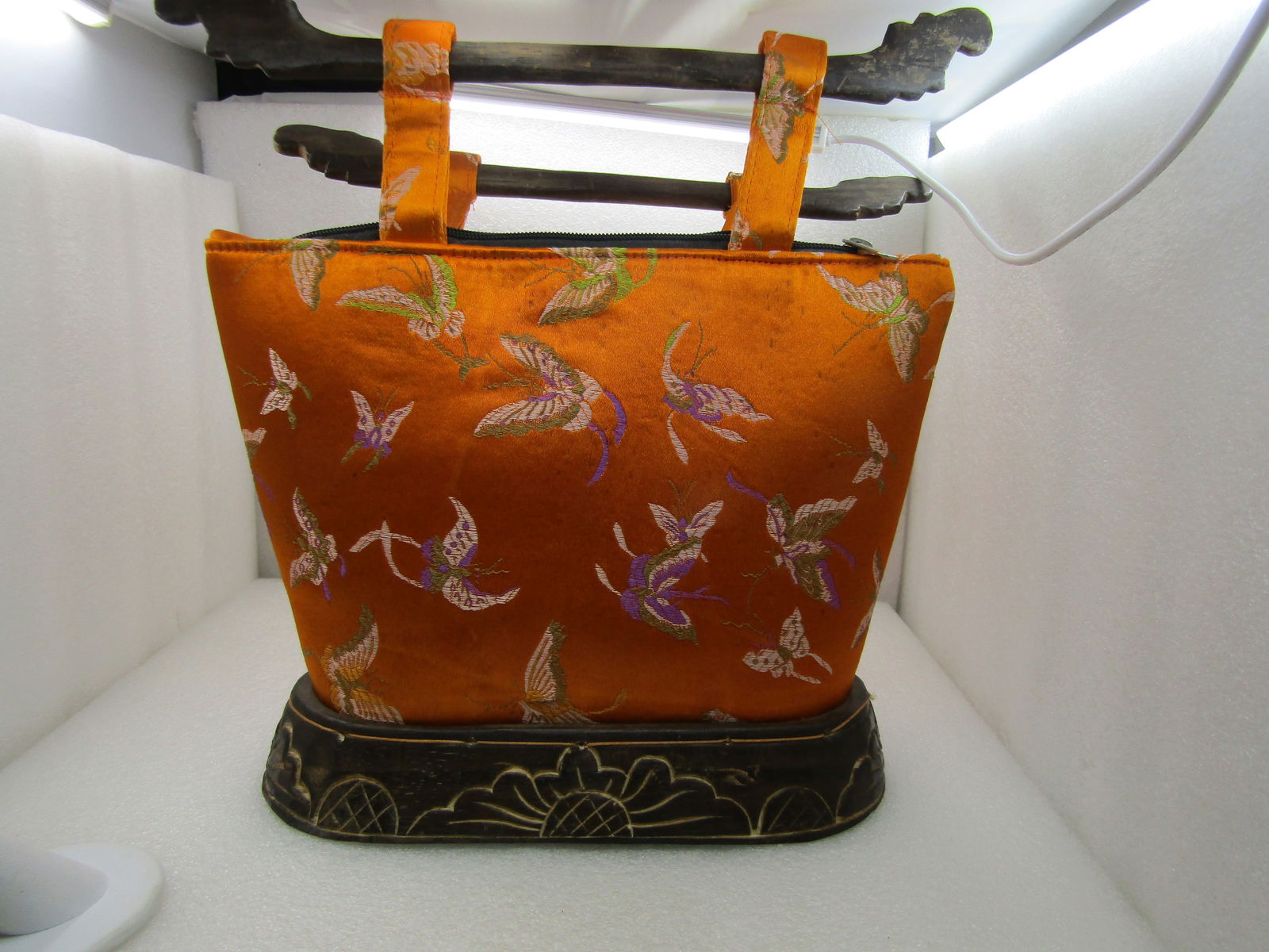Vintage Asian Orange Silk Like Butterlfy Purse, Signed Jivaco, Wood Handles and Base - 2