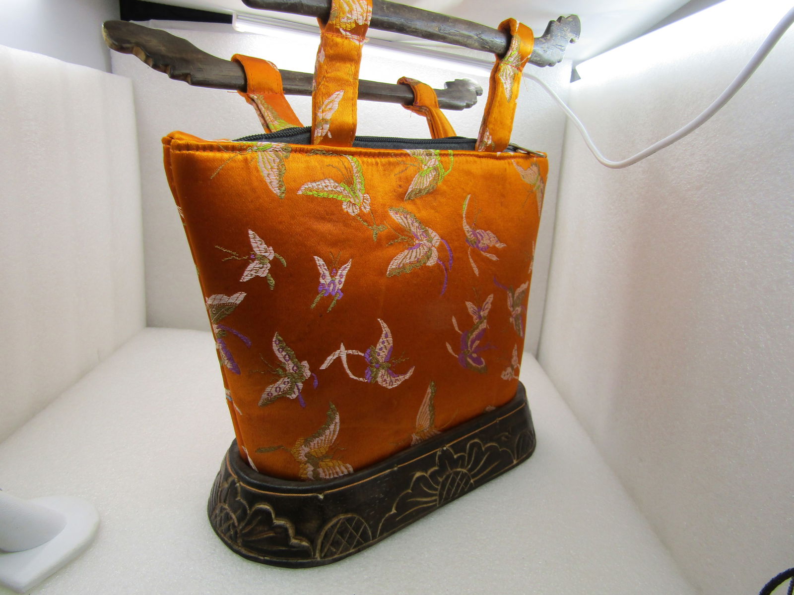 Vintage Asian Orange Silk Like Butterlfy Purse, Signed Jivaco, Wood Handles and Base - 3