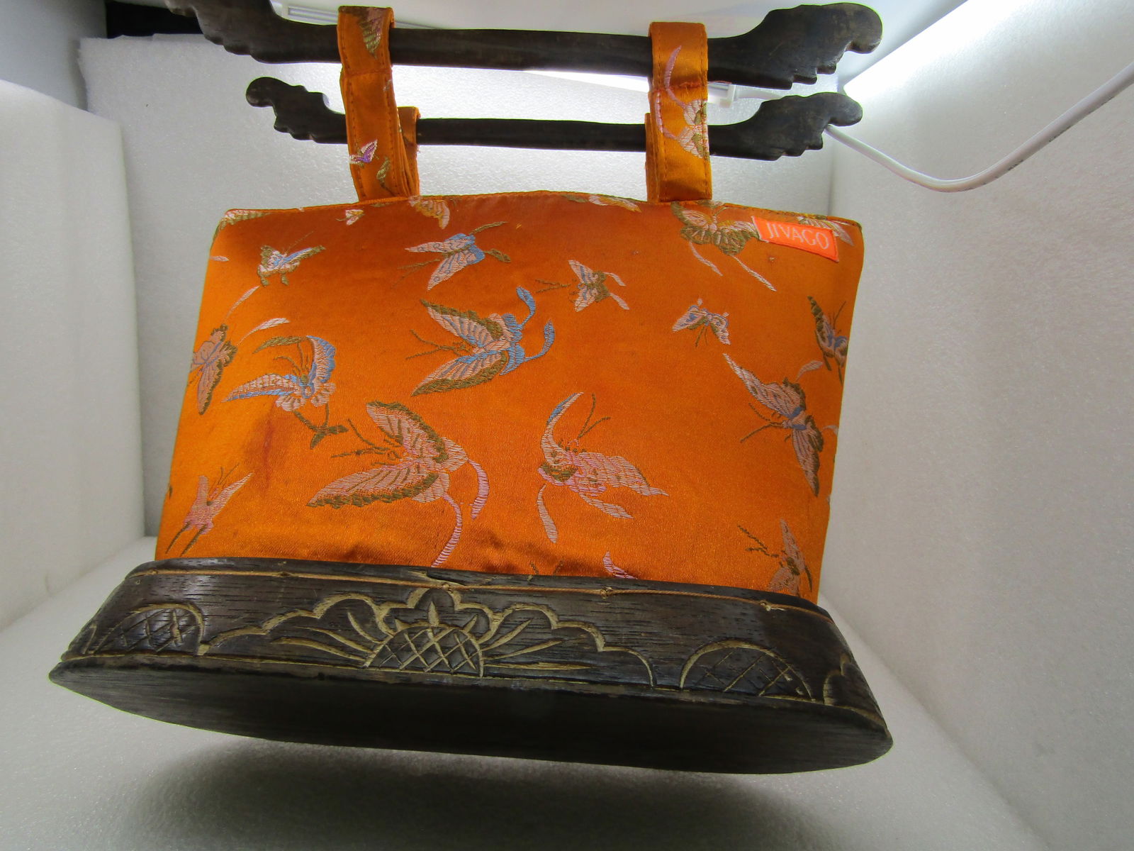 Vintage Asian Orange Silk Like Butterlfy Purse, Signed Jivaco, Wood Handles and Base - 5