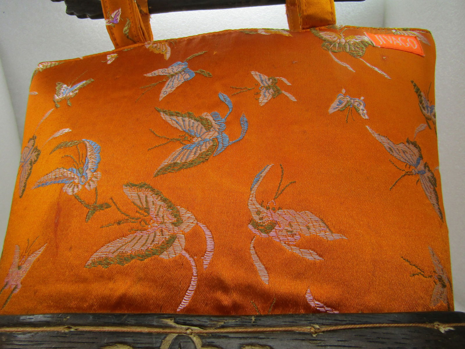 Vintage Asian Orange Silk Like Butterlfy Purse, Signed Jivaco, Wood Handles and Base - 6