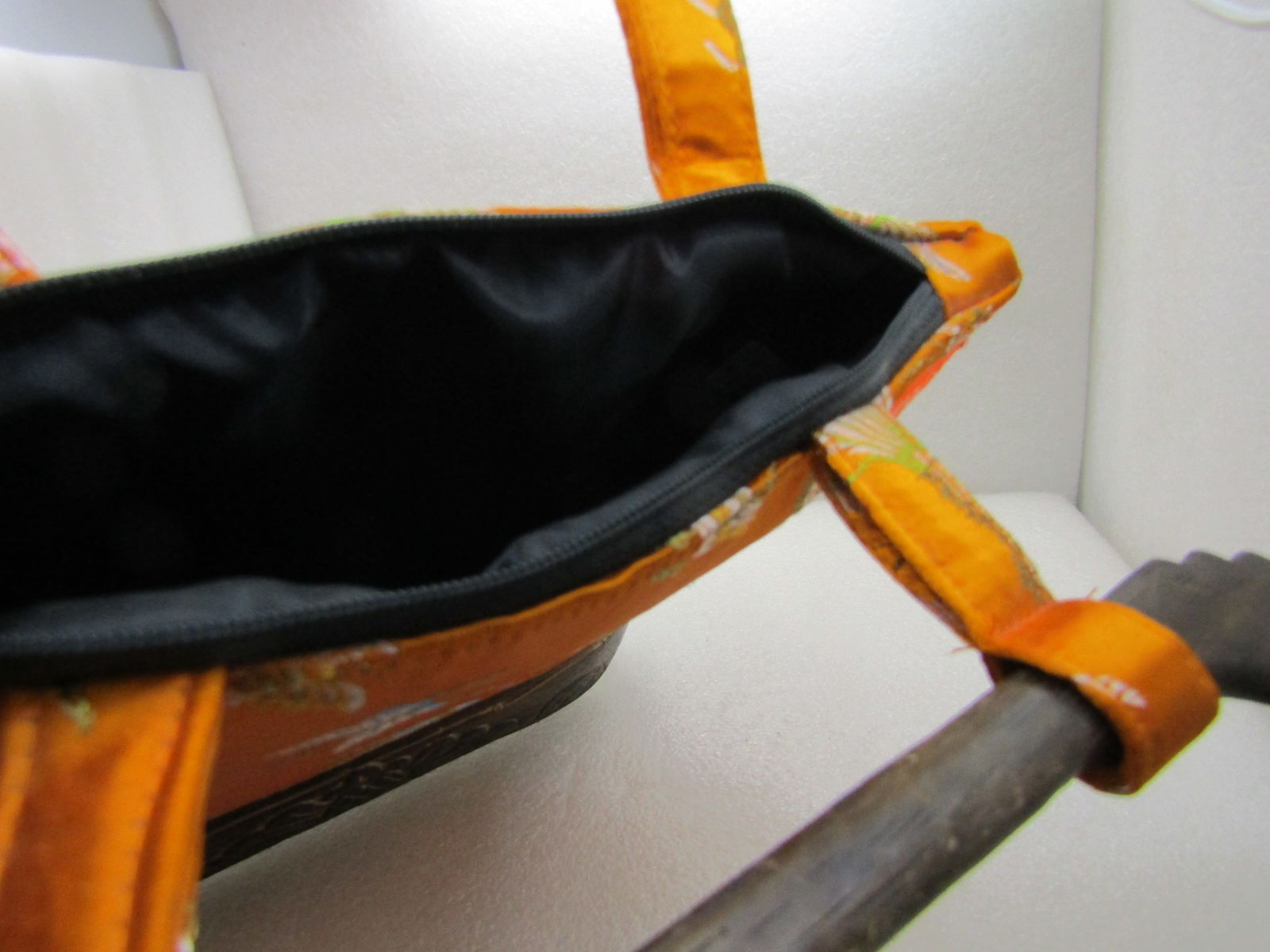 Vintage Asian Orange Silk Like Butterlfy Purse, Signed Jivaco, Wood Handles and Base - 8